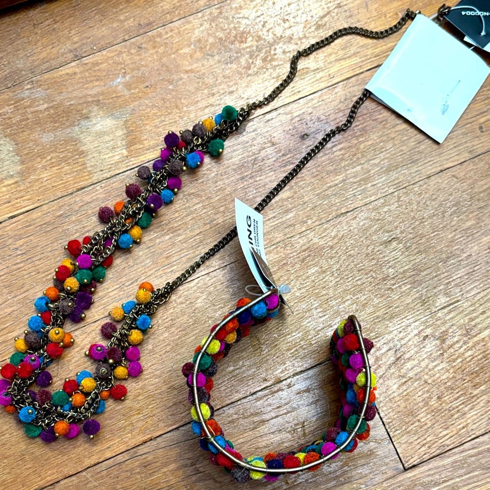 NWT Pompom Jewelry Set Cuff Bracelet and Matching Necklace